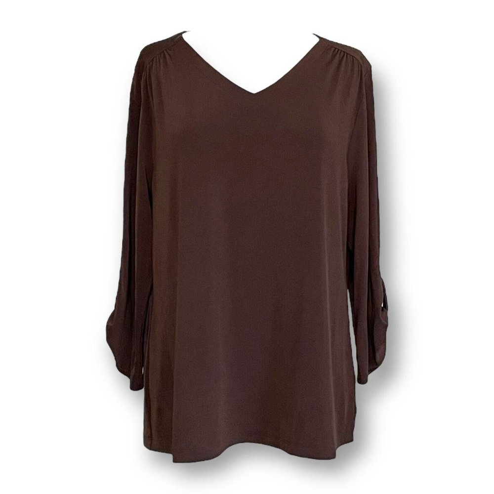 Chicos Easywear Womens Brown Top Sz 3 XL 16 18 Vneck Slinky Knit Travel Blouse